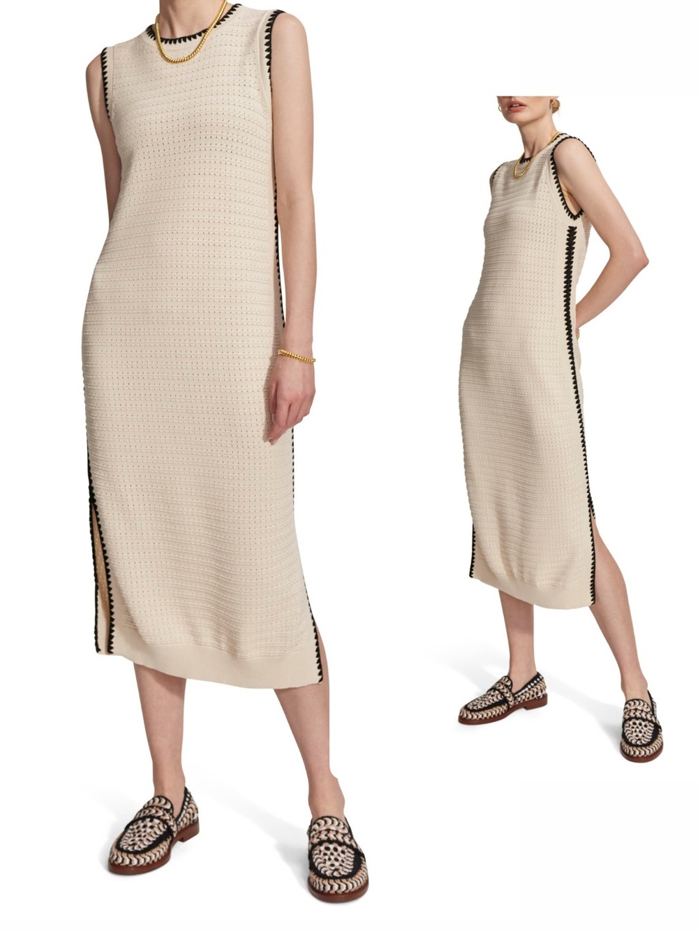 Varley Dwight Tank Knit Dress Cream Black Cotton Midi size Large